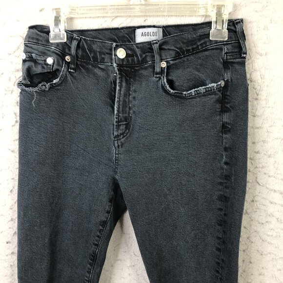 Agolde Jeans Womens 29 Black Charcoal Skinny Ankle Raw Hem Distressed Denim - Picture 11 of 16